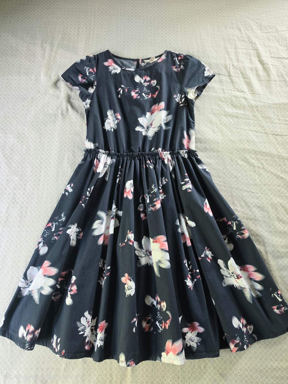 Lands' End Navy Floral Short-Sleeve Fit-and-Flare Dress